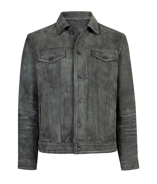 Men’s Trendy Grey Suede Leather Trucker Jacket