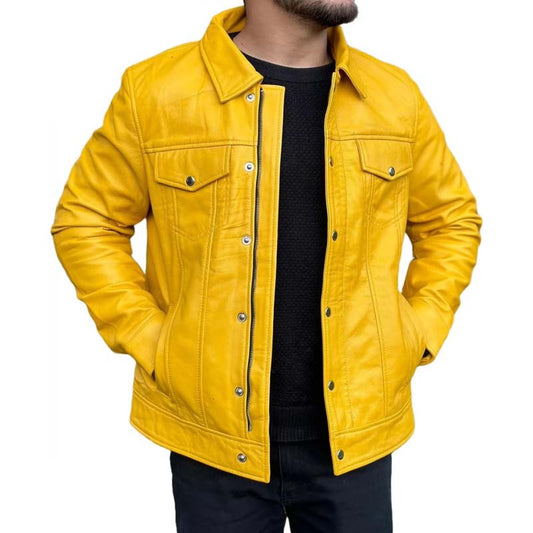 Men's Yellow Sheepskin Leather Jacket with Lightweight Classic Style