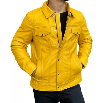 Men's Yellow Sheepskin Leather Jacket with Lightweight Classic Style