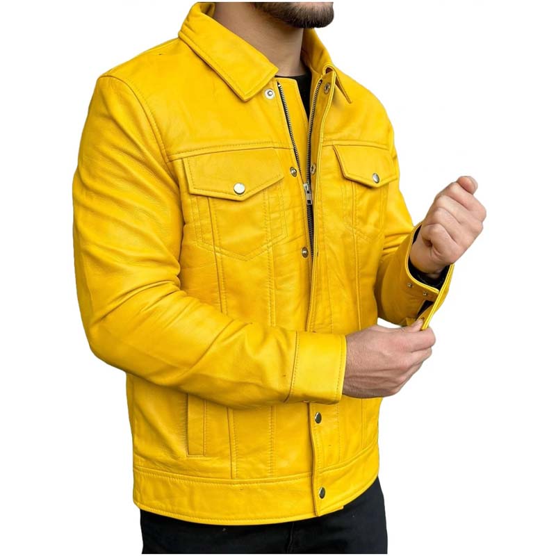 Men's Yellow Sheepskin Leather Jacket with Lightweight Classic Style