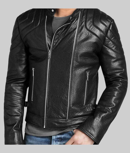 Men’s Black Asymmetrical Padded Real Leather Biker Jacket