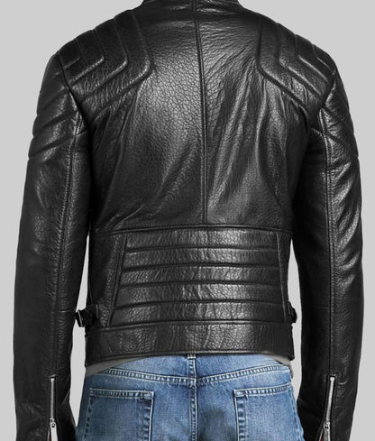 Men’s Black Asymmetrical Padded Real Leather Biker Jacket