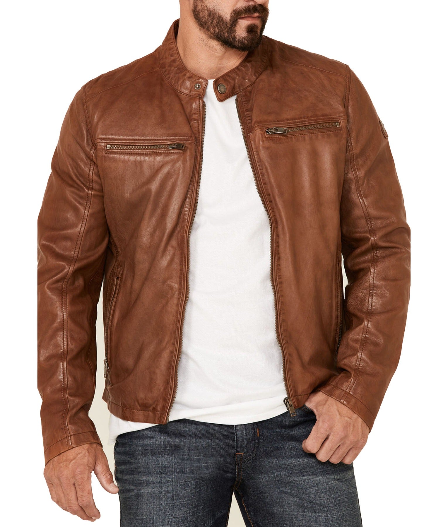 Barto Men’s Brown Real Leather Café Racer Jacket