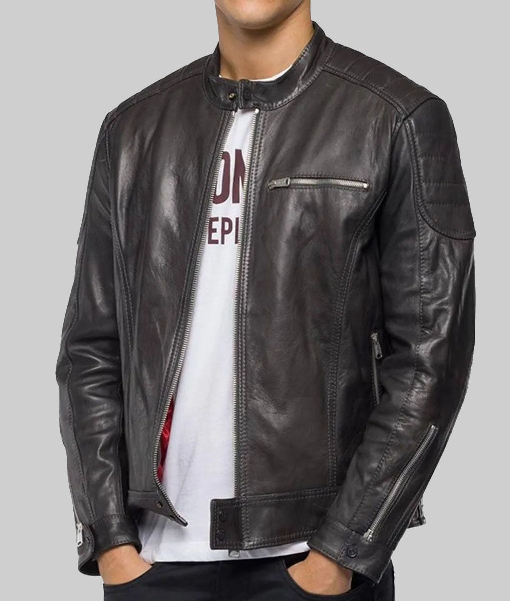 Baxton Men’s Black Real Leather Café Racer Jacket