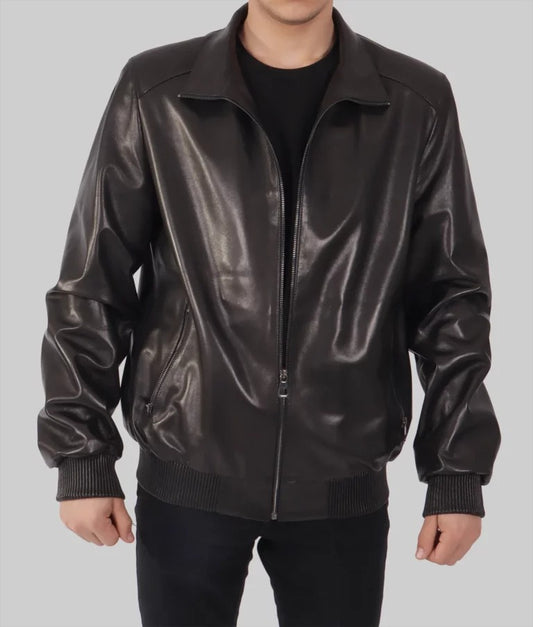 Pan Men’s Classic Black Bomber Leather Jacket