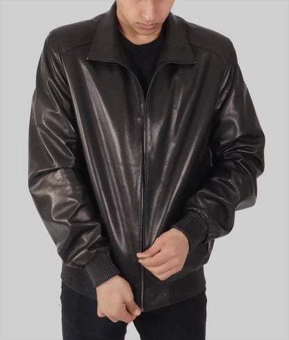 Pan Men’s Classic Black Bomber Leather Jacket