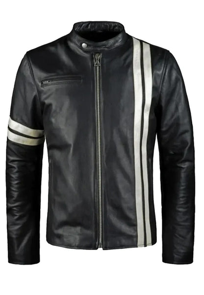 Men’s Black Leather Biker Jacket with White Stripes – Sporty Street Moto Look