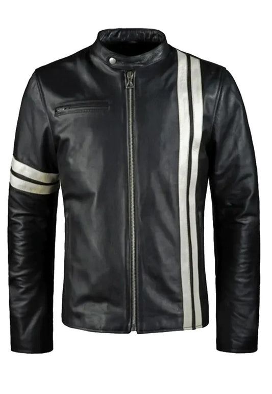 Men’s Black Leather Biker Jacket with White Stripes – Sporty Street Moto Look