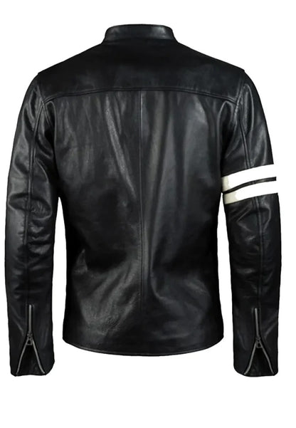 Men’s Black Leather Biker Jacket with White Stripes – Sporty Street Moto Look