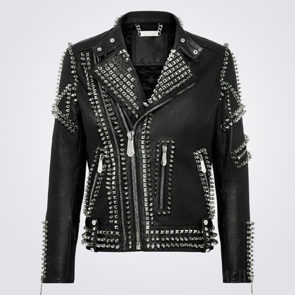 Men’s Black Multi Silver Studded Punk Brando Cowhide Leather Jacket