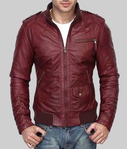 Men’s Burgundy Leather Bomber Jacket