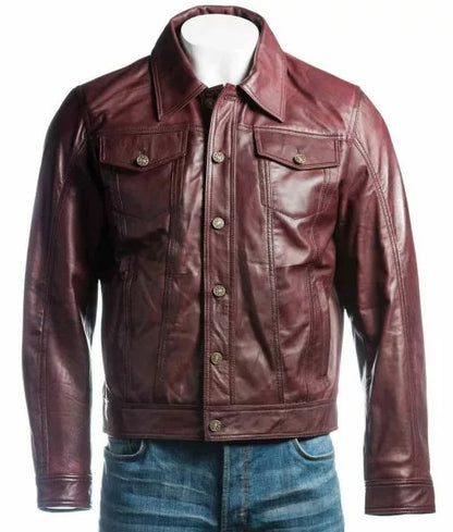 Exo Men’s Burgundy Leather Trucker Jacket
