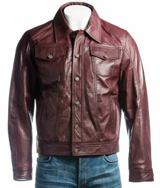 Exo Men’s Burgundy Leather Trucker Jacket