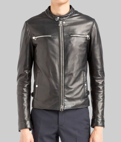 Burrito Men’s Black Real Leather Café Racer Jacket
