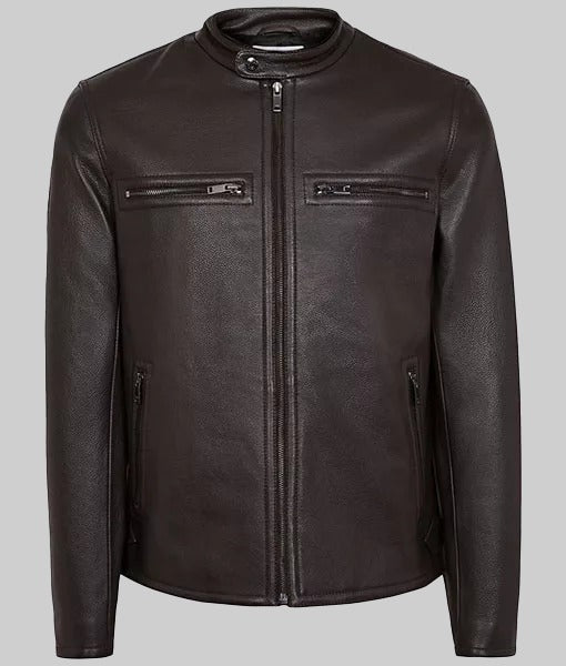 Burrito Men’s Brown Real Leather Café Racer Jacket