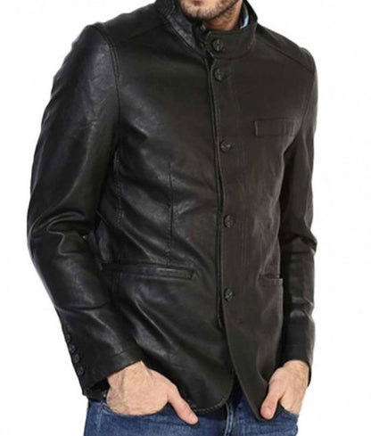 Men’s Black Button-Up Leather Blazer Jacket