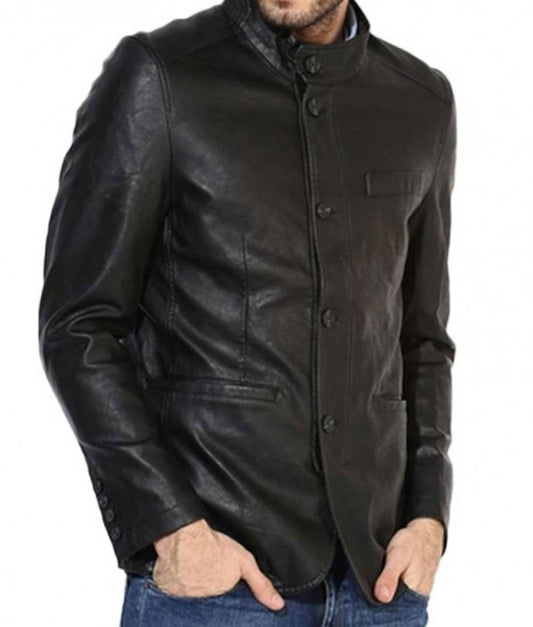 Men’s Black Button-Up Leather Blazer Jacket