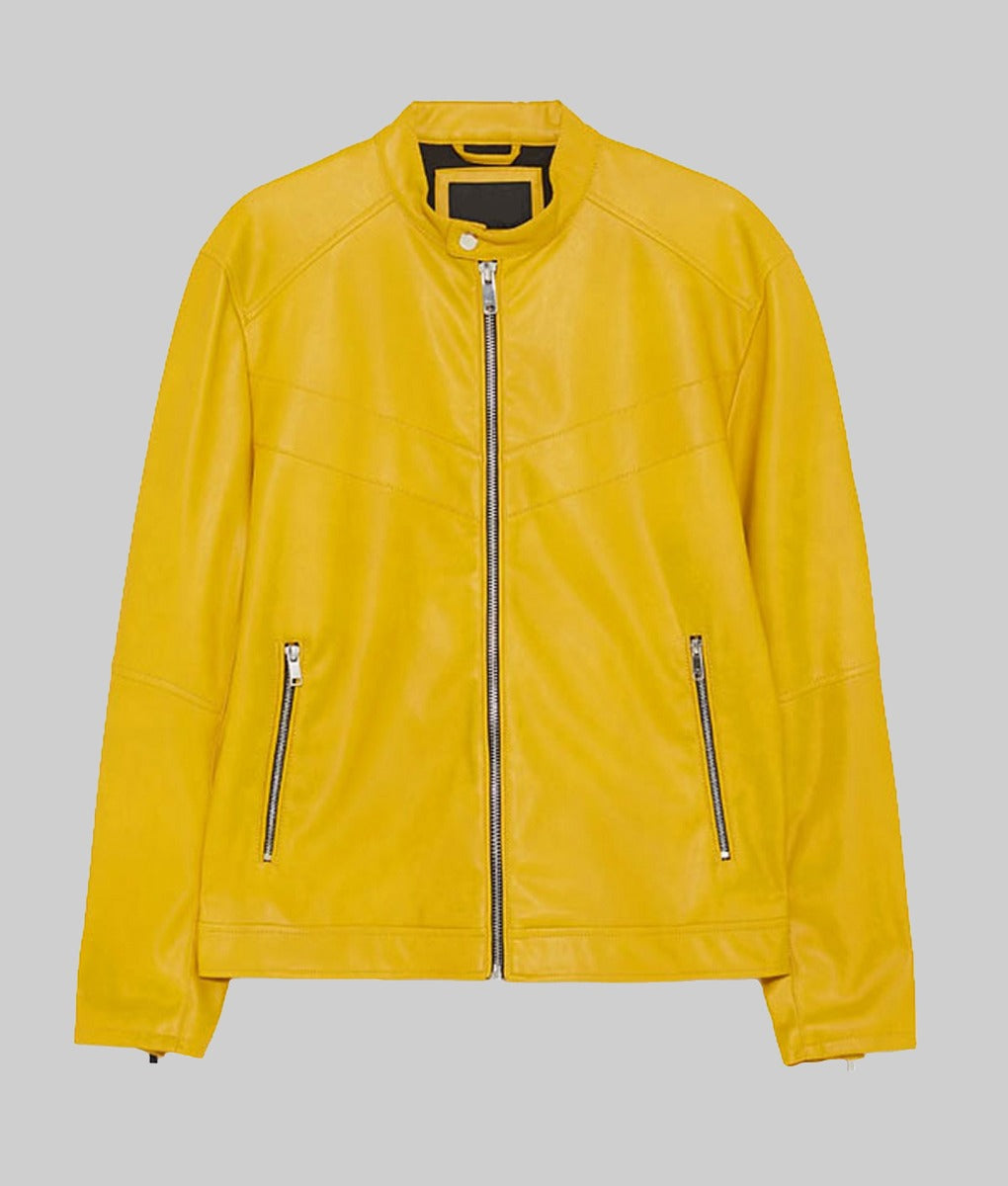 Men’s Classic Yellow Real Leather Biker Jacket