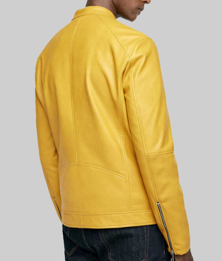 Men’s Classic Yellow Real Leather Biker Jacket