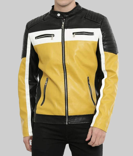 Men’s Color Block Leather Cafe Racer Jacket