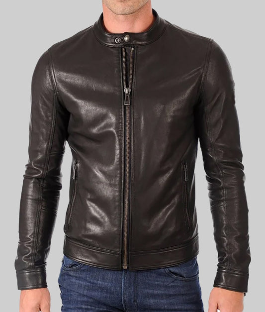 Grande Men’s Slim Fit Black Real Leather Café Racer Jacket