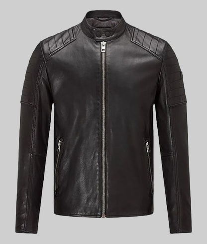 Jayzee Men’s Black Real Leather Jacket with Quilted Shoulders