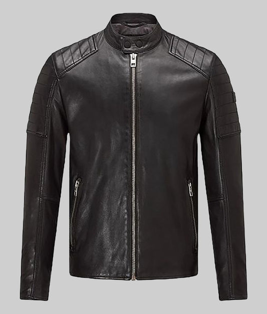 Jayzee Men’s Black Real Leather Jacket with Quilted Shoulders