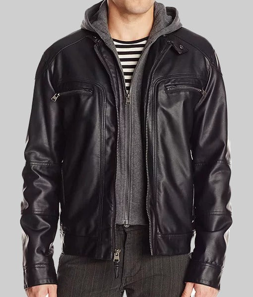 Maxwell Men’s Black Real Leather Hooded Biker Jacket