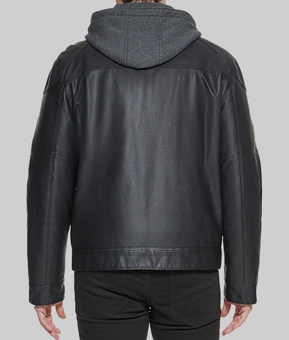 Maxwell Men’s Black Real Leather Hooded Biker Jacket