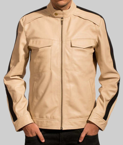 Men’s Beige Real Leather Café Racer Jacket