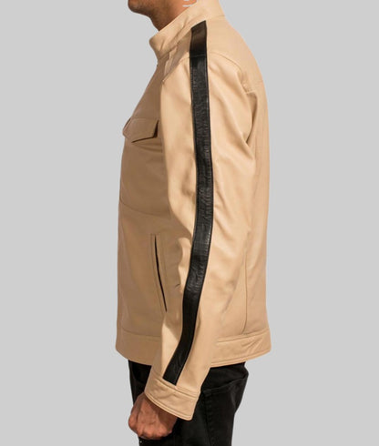 Men’s Beige Real Leather Café Racer Jacket