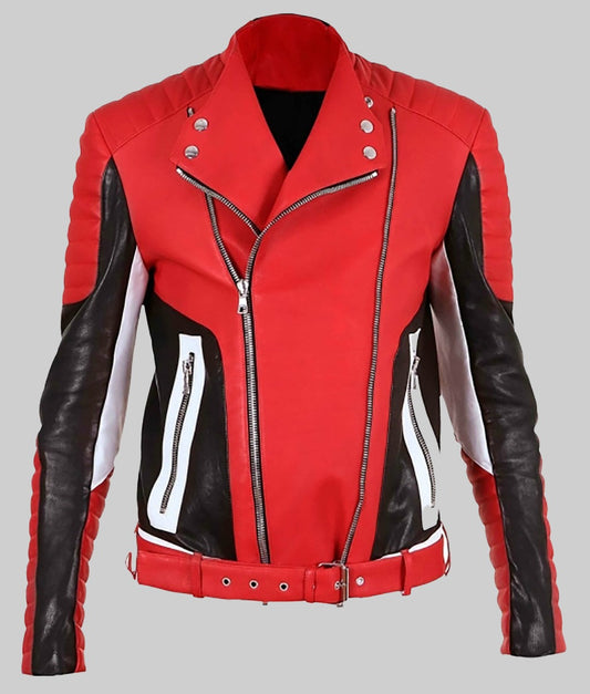 Men’s Padded Red Biker Leather Jacket