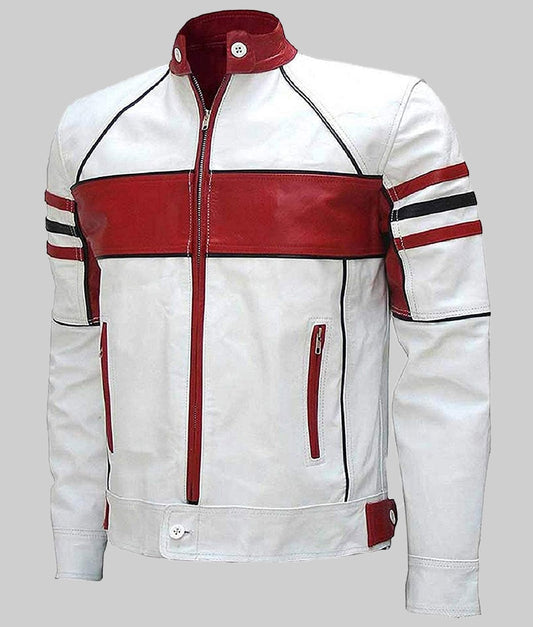 Men’s Red and White Cafe Racer Leather Jacket