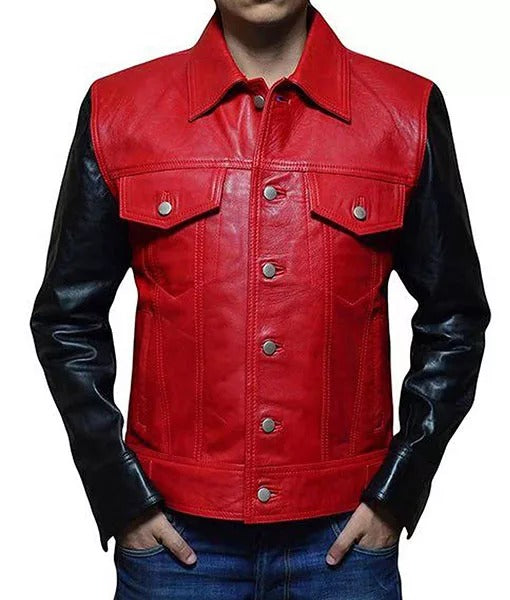 Men’s Red and Black Color Block Leather Biker Jacket