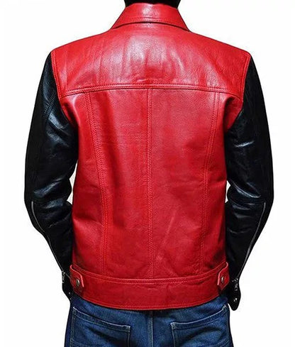 Men’s Red and Black Color Block Leather Biker Jacket