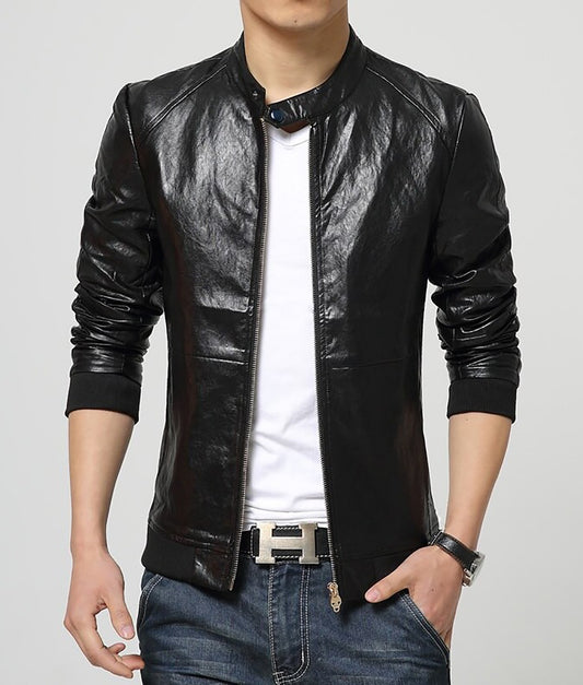 Men’s Slim Fit Black Leather Bomber Jacket