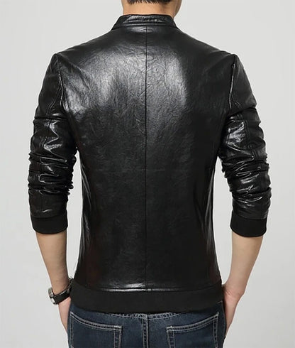 Men’s Slim Fit Black Leather Bomber Jacket