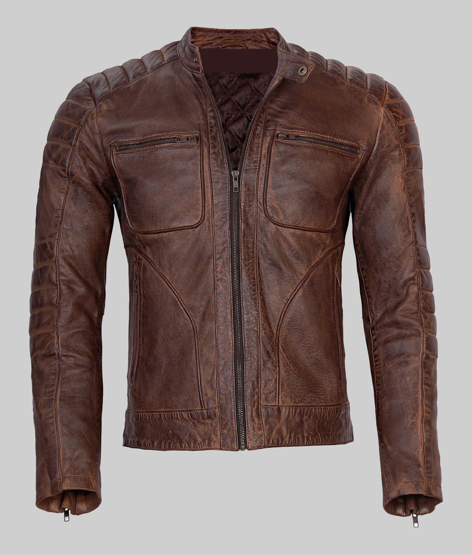 Men’s Vintage Brown Real Leather Cafe Racer Jacket