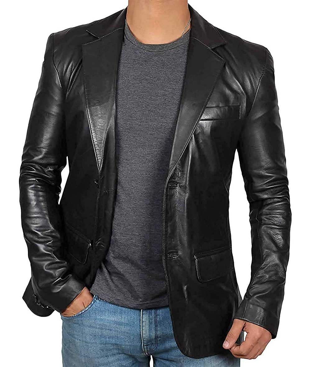 Men's Black Leather Blazer Jacket - Stylish Two Button Notch Lapel Blazer