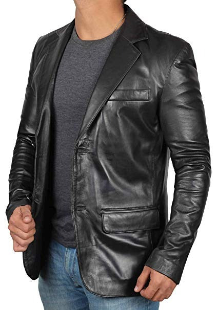 Men's Black Leather Blazer Jacket - Stylish Two Button Notch Lapel Blazer