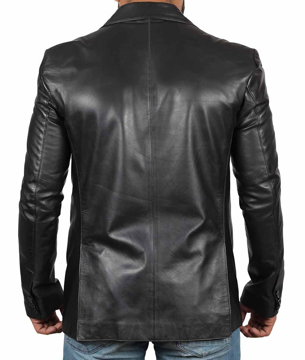 Men's Black Leather Blazer Jacket - Stylish Two Button Notch Lapel Blazer