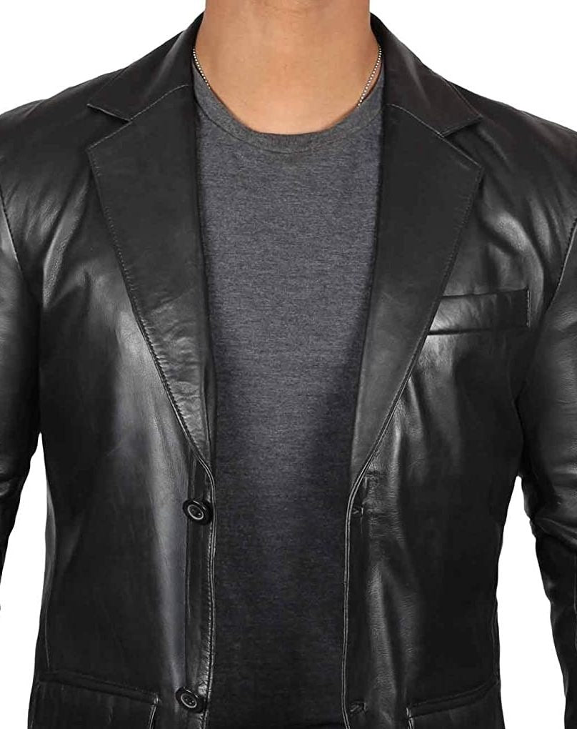 Men's Black Leather Blazer Jacket - Stylish Two Button Notch Lapel Blazer