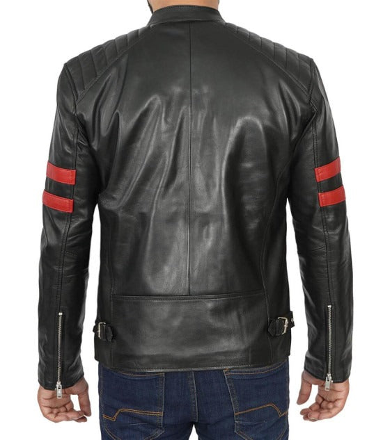 Men's Café Racer Black Leather Jacket with Red Stripes - Bold Style