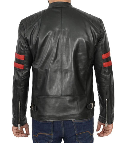 Men's Café Racer Black Leather Jacket with Red Stripes - Bold Style