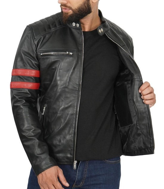 Men's Café Racer Black Leather Jacket with Red Stripes - Bold Style