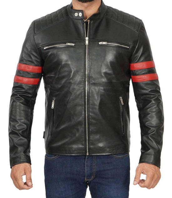 Men's Café Racer Black Leather Jacket with Red Stripes - Bold Style