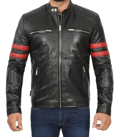 Men's Café Racer Black Leather Jacket with Red Stripes - Bold Style
