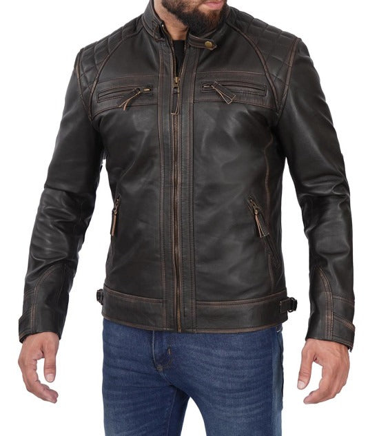 Men's Café Racer Distressed High-Quality Brown Leather Jacket - Rugged Elegance