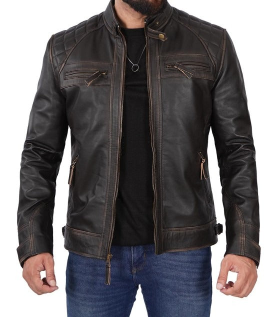 Men's Café Racer Distressed High-Quality Brown Leather Jacket - Rugged Elegance