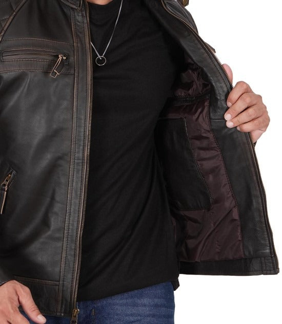 Men's Café Racer Distressed High-Quality Brown Leather Jacket - Rugged Elegance